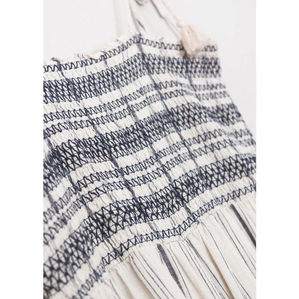 Madewell Striped Smocked Cami Jumpsuit S Cotton Linen Blend Tassel Strap Tie$138